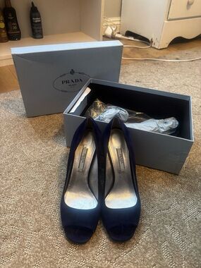 Prada Navy Suede Peep-Toe Heels